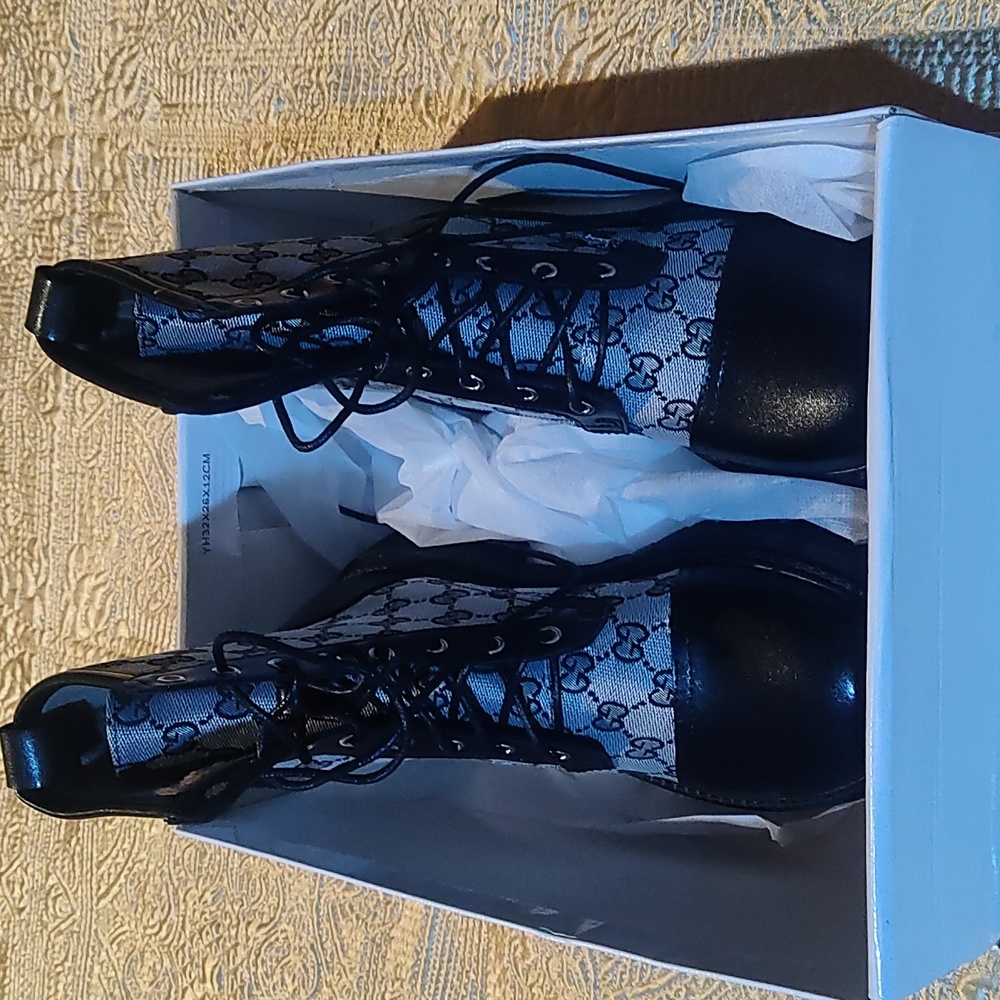 NIB Luxury Designer Double G print Combat lace up boots size 7 Inspired - Picture 9 of 10